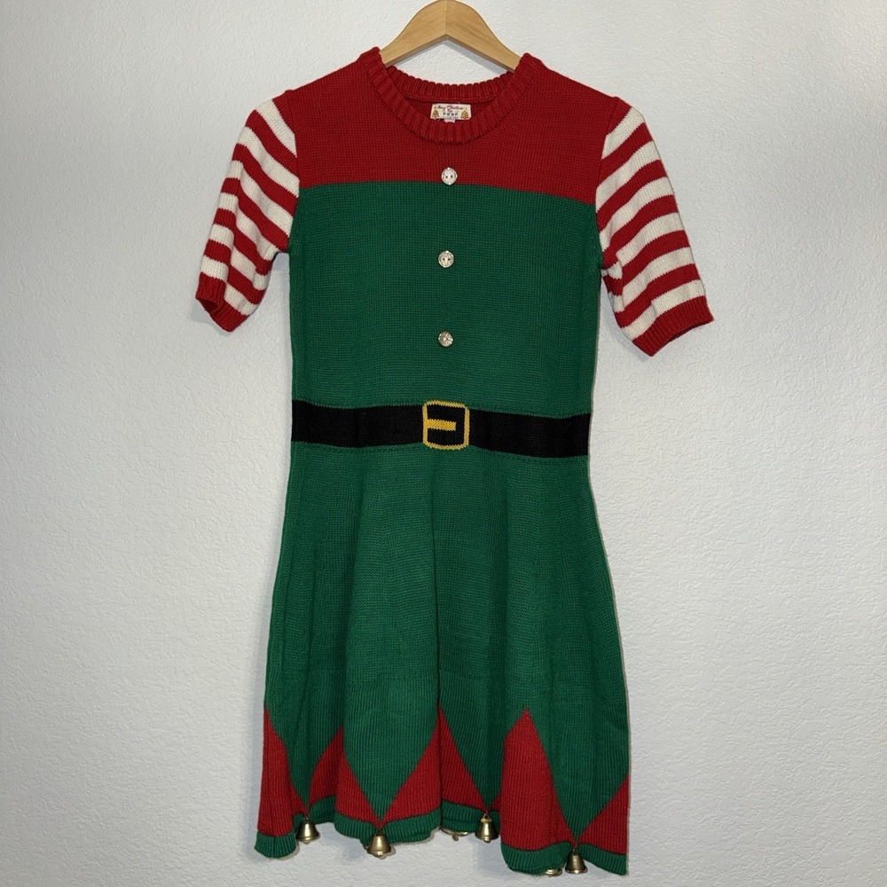 Vintage Merry Christmas Poof Elf Christmas Dress Small Red Green